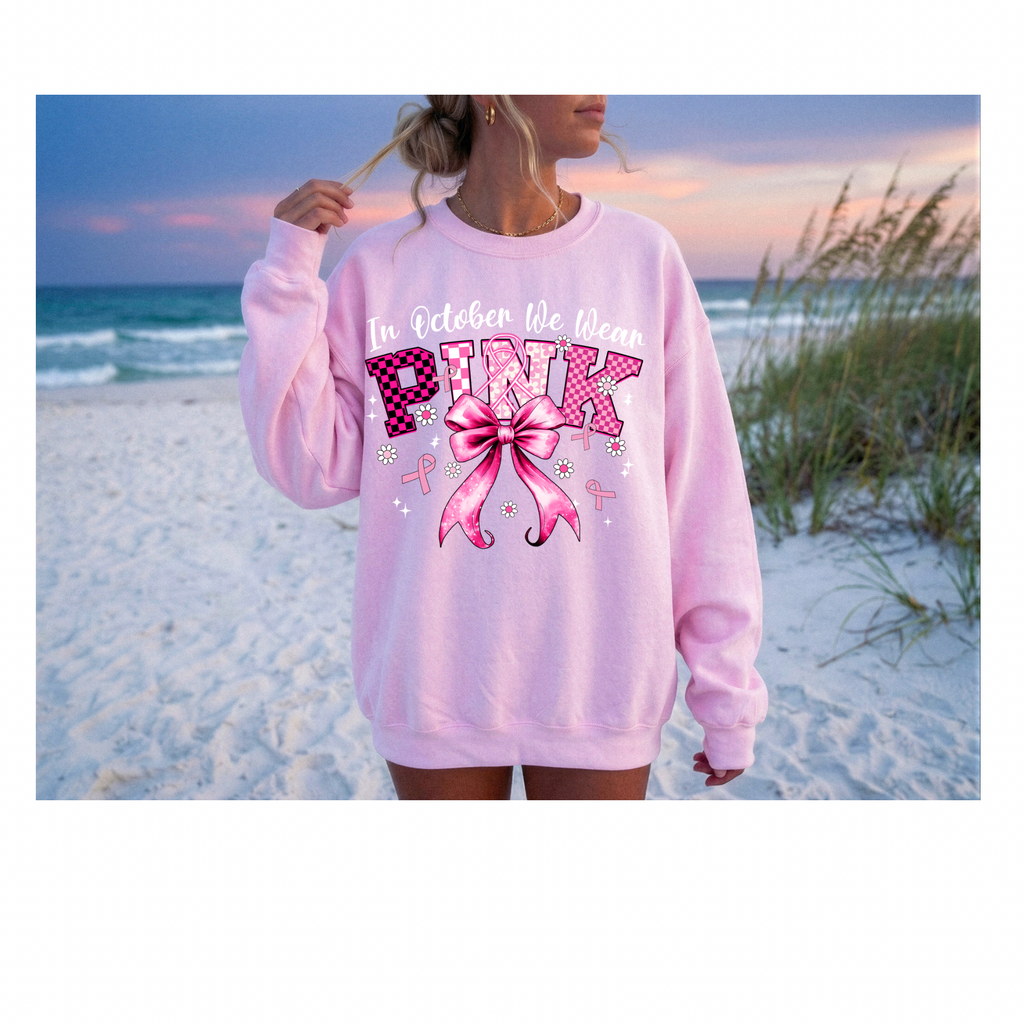 In October We Wear Pink Shirt, Breast Cancer Awareness Sweatshirt, Comfort Colors Long Sleeve Tee, Pink Ribbon Bow Crewneck, Cancer Survivor