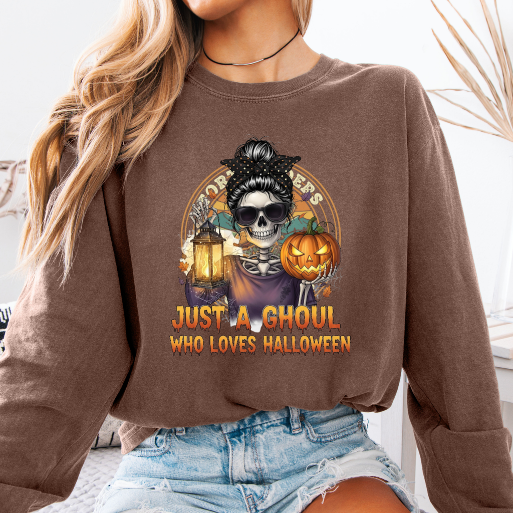 Just a Ghoul Who Loves Halloween Long Sleeve Shirt – Spooky Season Comfort Colors Tee