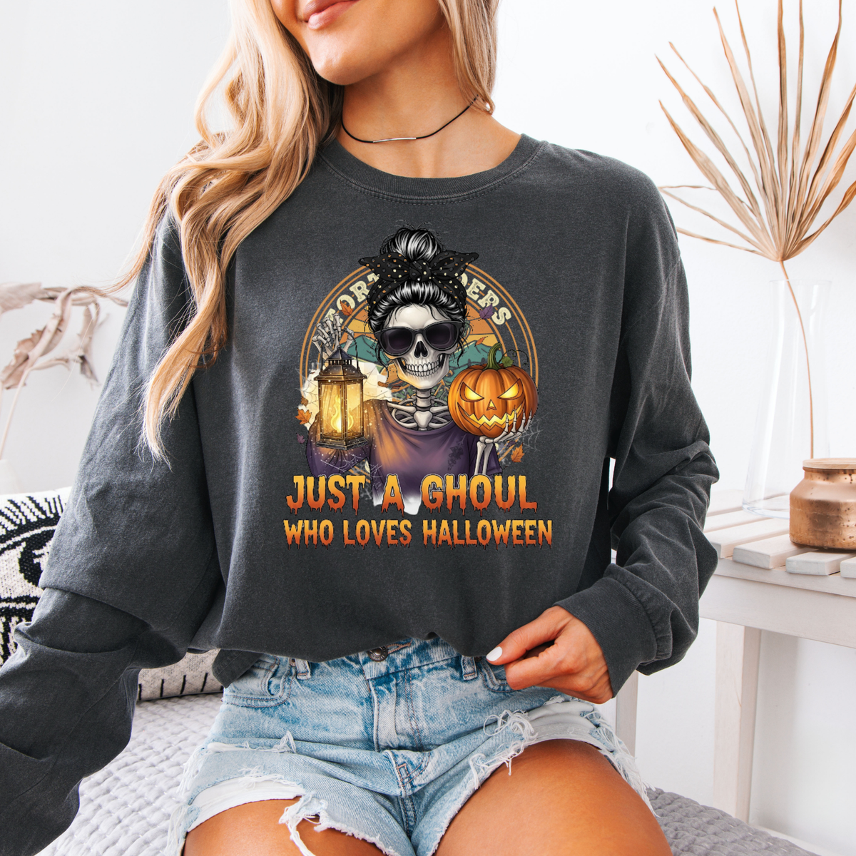 Just a Ghoul Who Loves Halloween Long Sleeve Shirt – Spooky Season Comfort Colors Tee