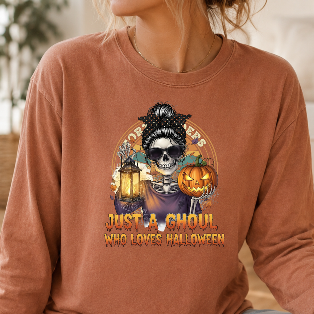 Just a Ghoul Who Loves Halloween Long Sleeve Shirt – Spooky Season Comfort Colors Tee