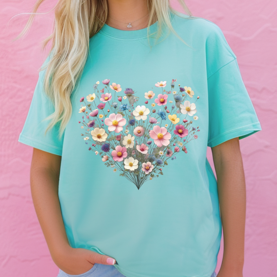 Heart Shaped Boho Wildflower Short Sleeve Shirt – Cottagecore Floral Graphic Tee