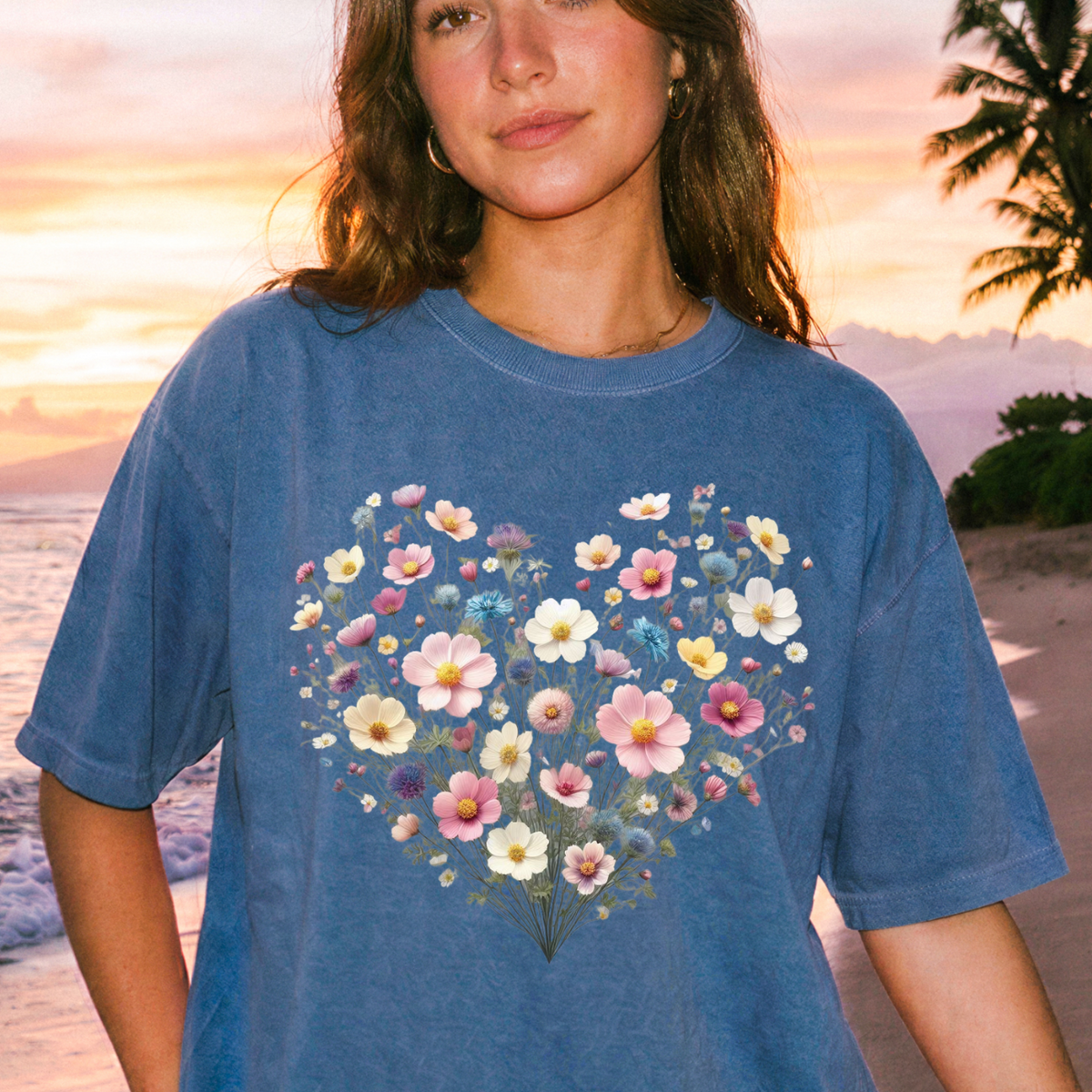 Heart Shaped Boho Wildflower Short Sleeve Shirt – Cottagecore Floral Graphic Tee
