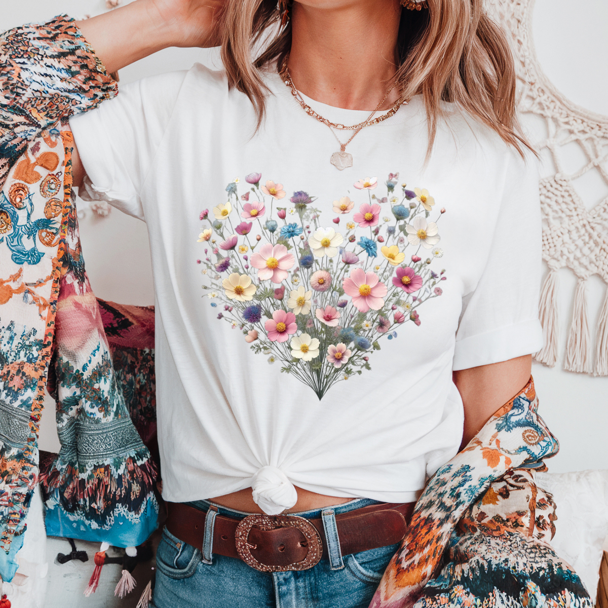 Heart Shaped Boho Wildflower Short Sleeve Shirt – Cottagecore Floral Graphic Tee