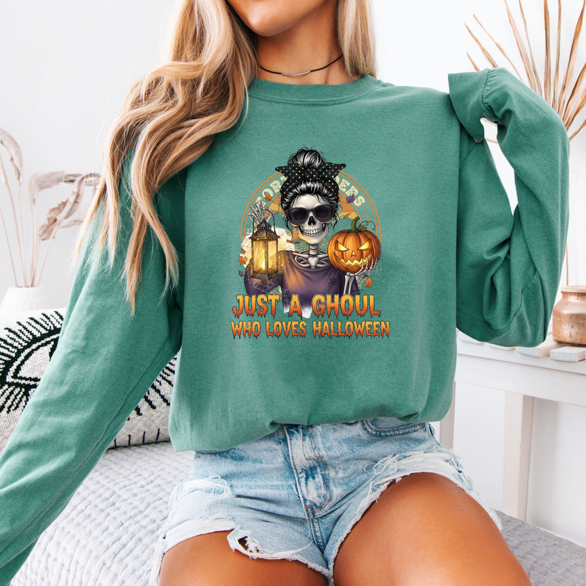 Just a Ghoul Who Loves Halloween Long Sleeve Shirt – Spooky Season Comfort Colors Tee
