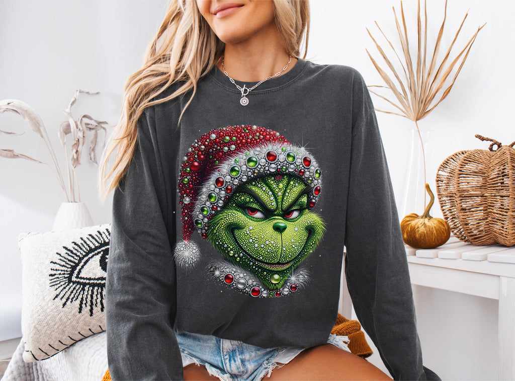 Mean Green Monster faux rhinestones and sequins long sleeve Comfort Colors t-shirt