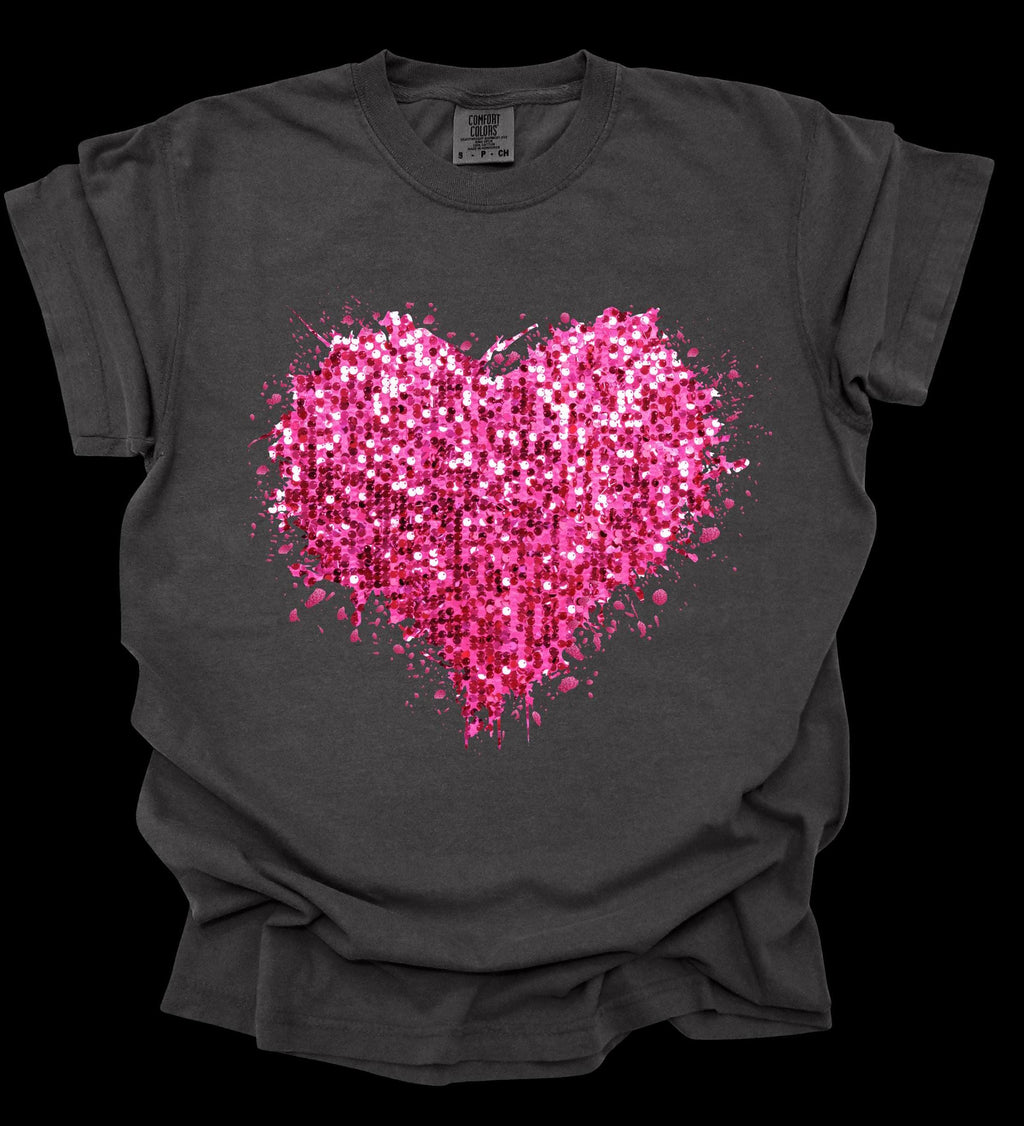 Valentine's Day faux sequin splatter heart short sleeve tshirt