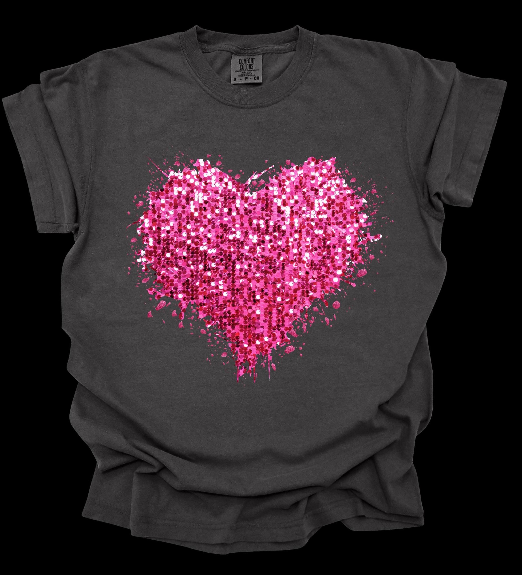 Valentine's Day faux sequin splatter heart short sleeve tshirt