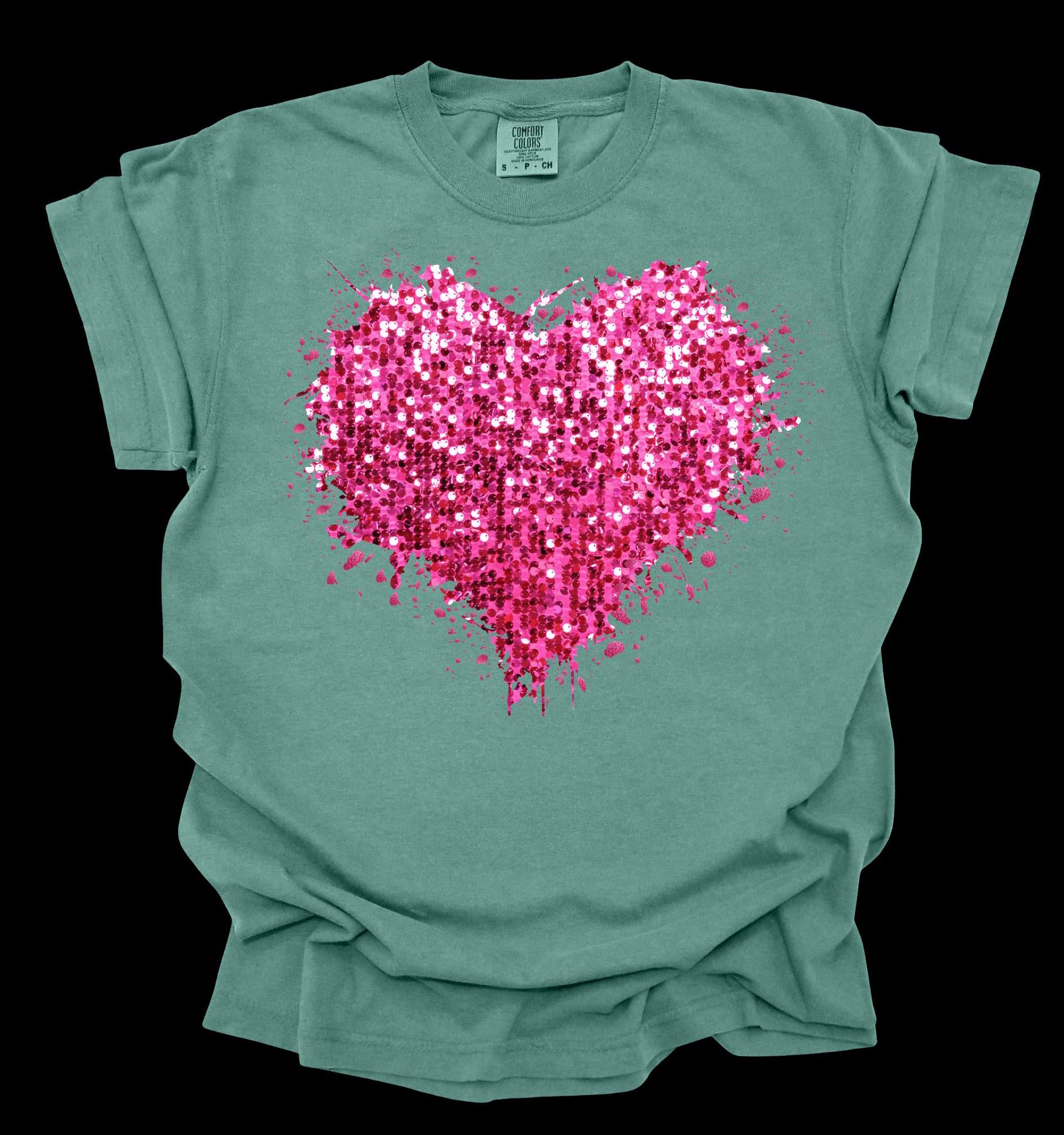 Valentine's Day faux sequin splatter heart short sleeve tshirt