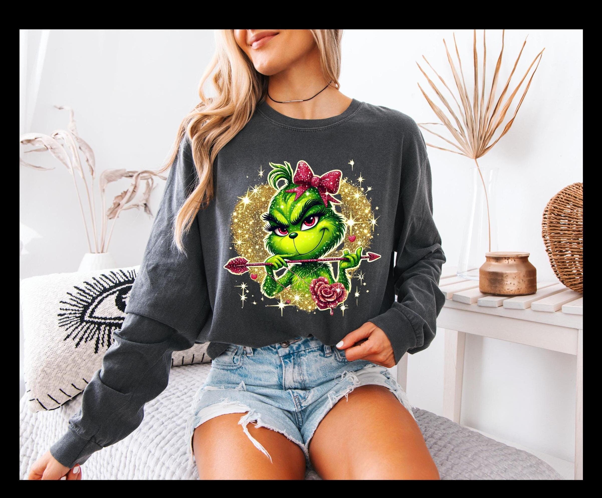 Dazzling Mean Green Guy Valentines Day shirt with faux sequins and rhinestones