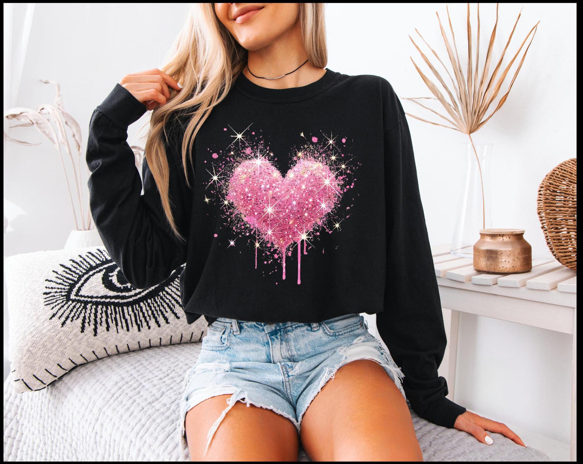Pink Splattered Heart Valentine's Day Long Sleeve Comfort Colors T-shirt