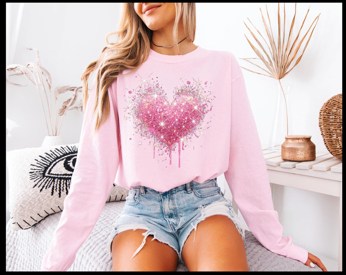 Pink Splattered Heart Valentine's Day Long Sleeve Comfort Colors T-shirt