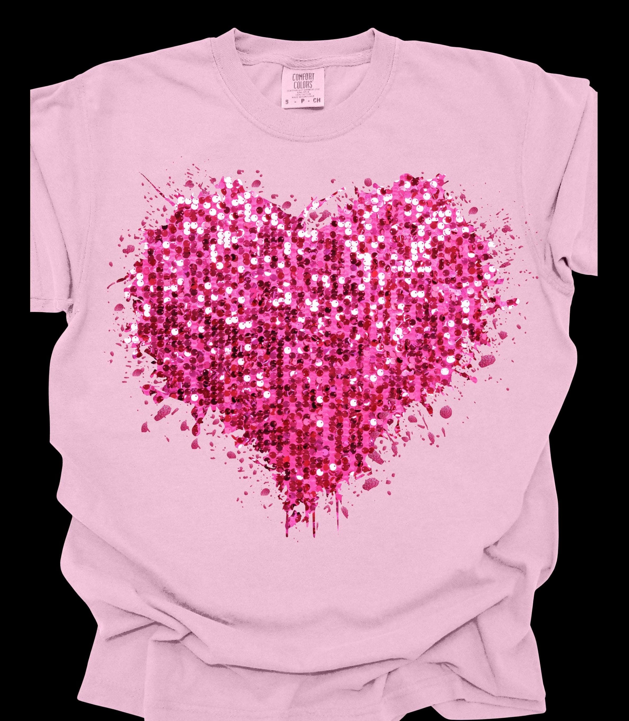 Valentine's Day faux sequin splatter heart short sleeve tshirt
