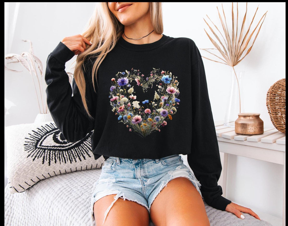 Boho vintage floral heart Comfort Colors long sleeve t-shirt