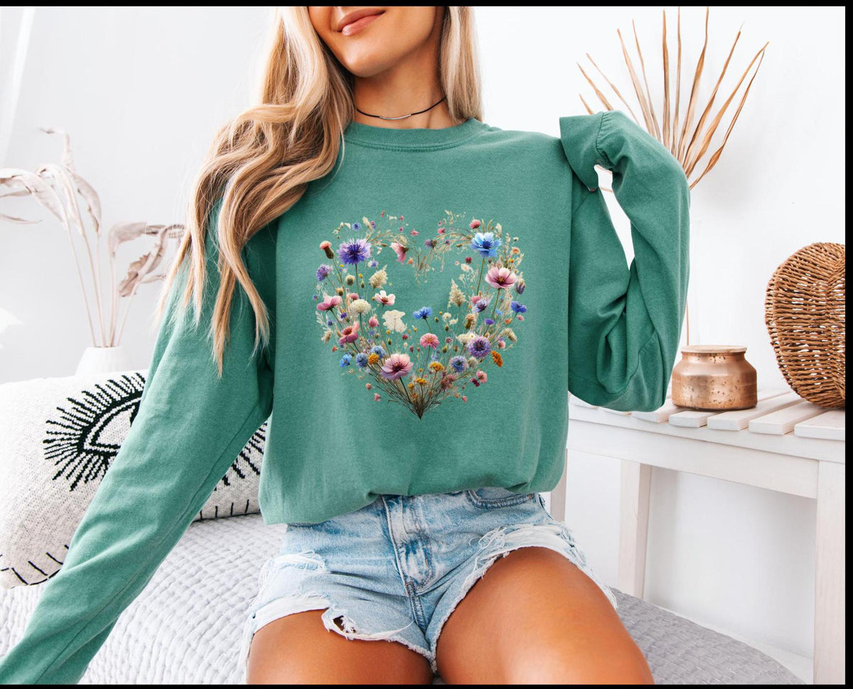 Boho vintage floral heart Comfort Colors long sleeve t-shirt