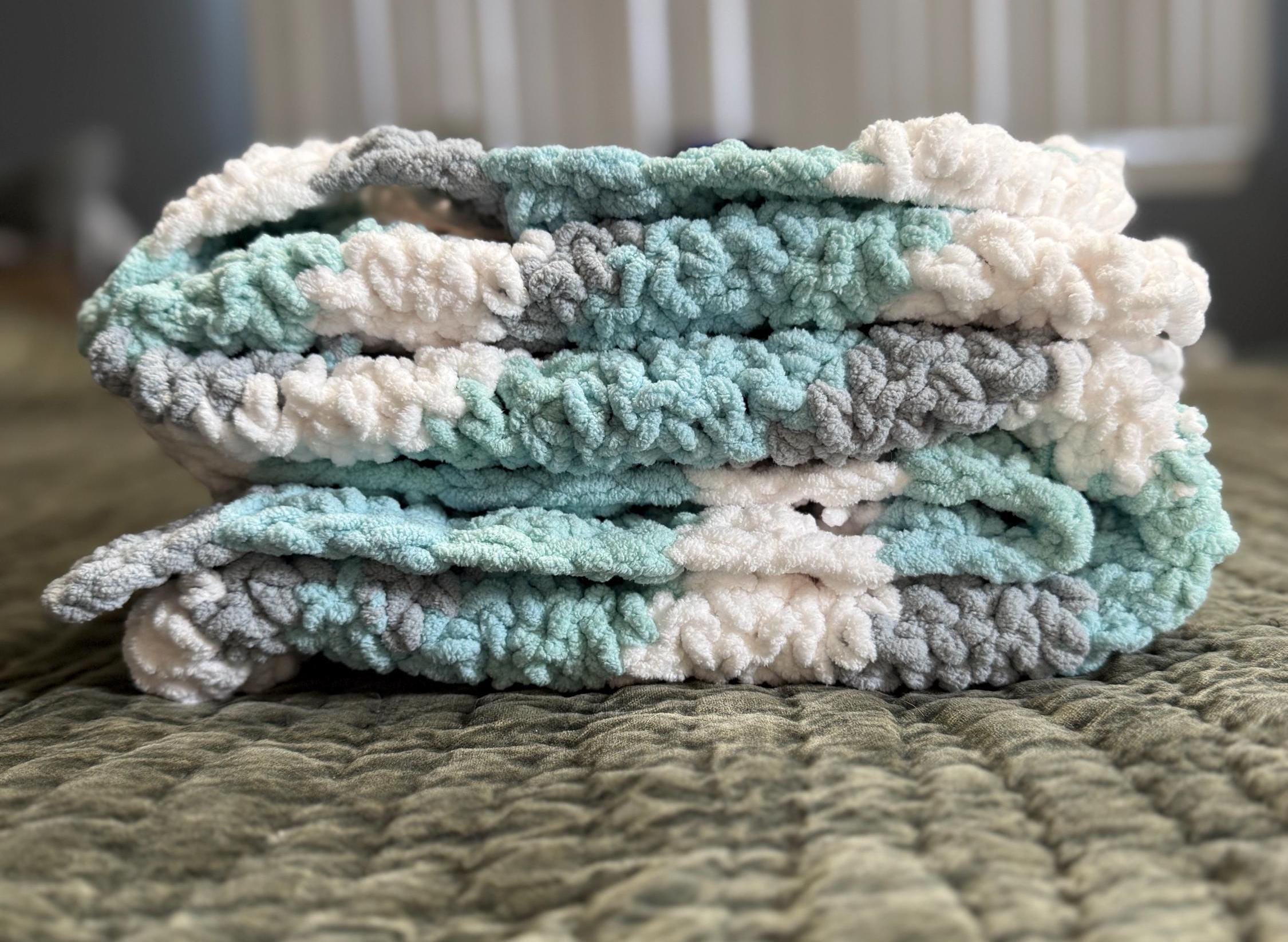 Crochet Chenille Baby Blanket: Gray, Aqua, and White Wave Pattern