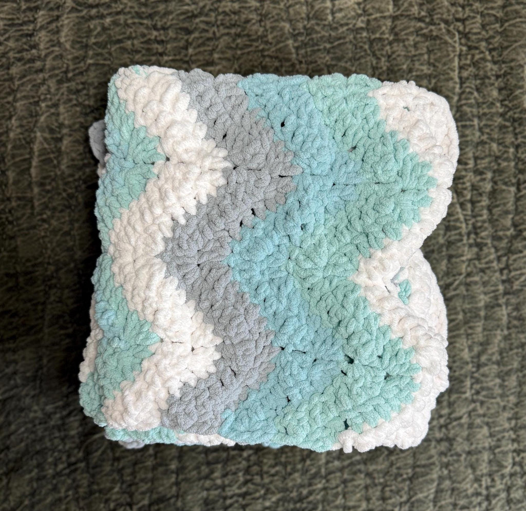 Crochet Chenille Baby Blanket: Gray, Aqua, and White Wave Pattern