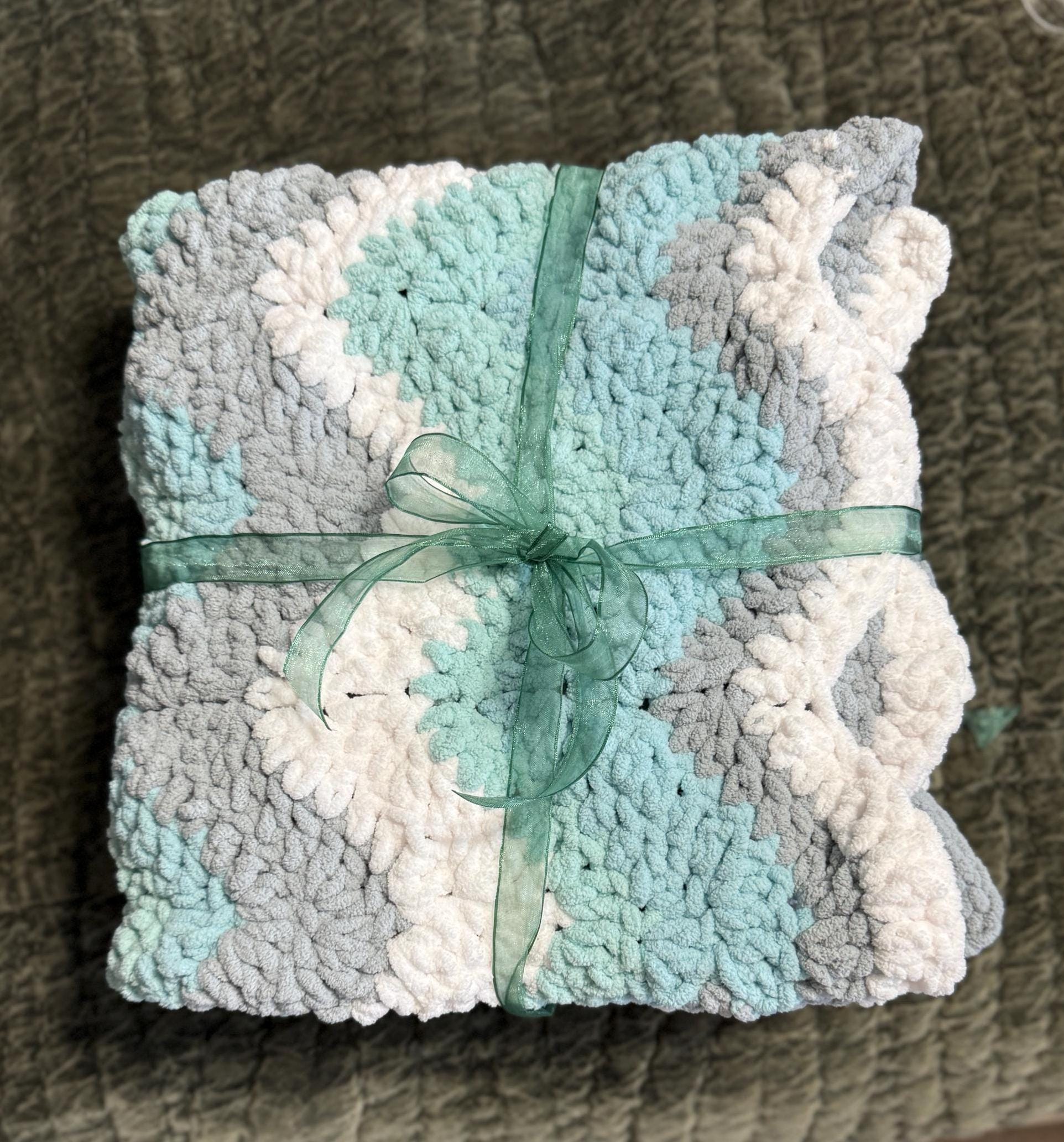 Crochet Chenille Baby Blanket: Gray, Aqua, and White Wave Pattern