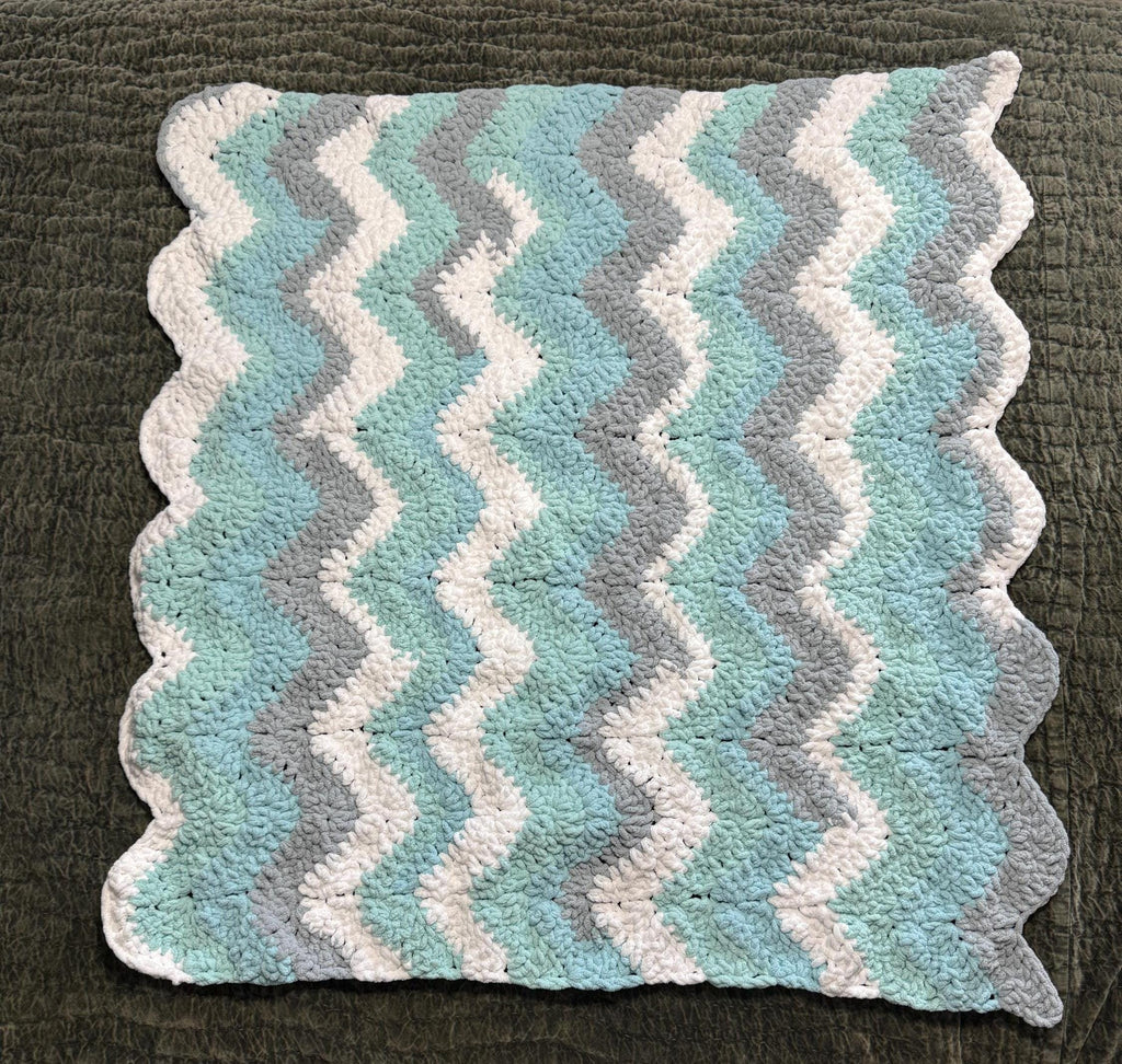 Crochet Chenille Baby Blanket: Gray, Aqua, and White Wave Pattern