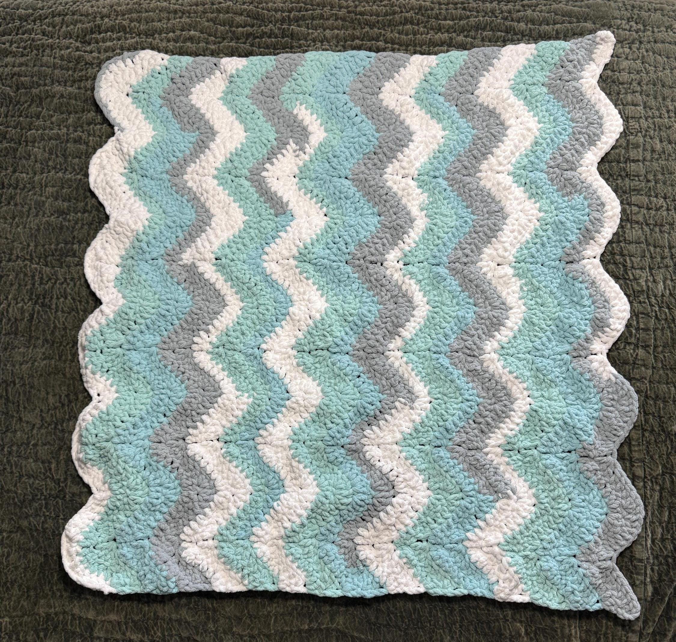 Crochet Chenille Baby Blanket: Gray, Aqua, and White Wave Pattern