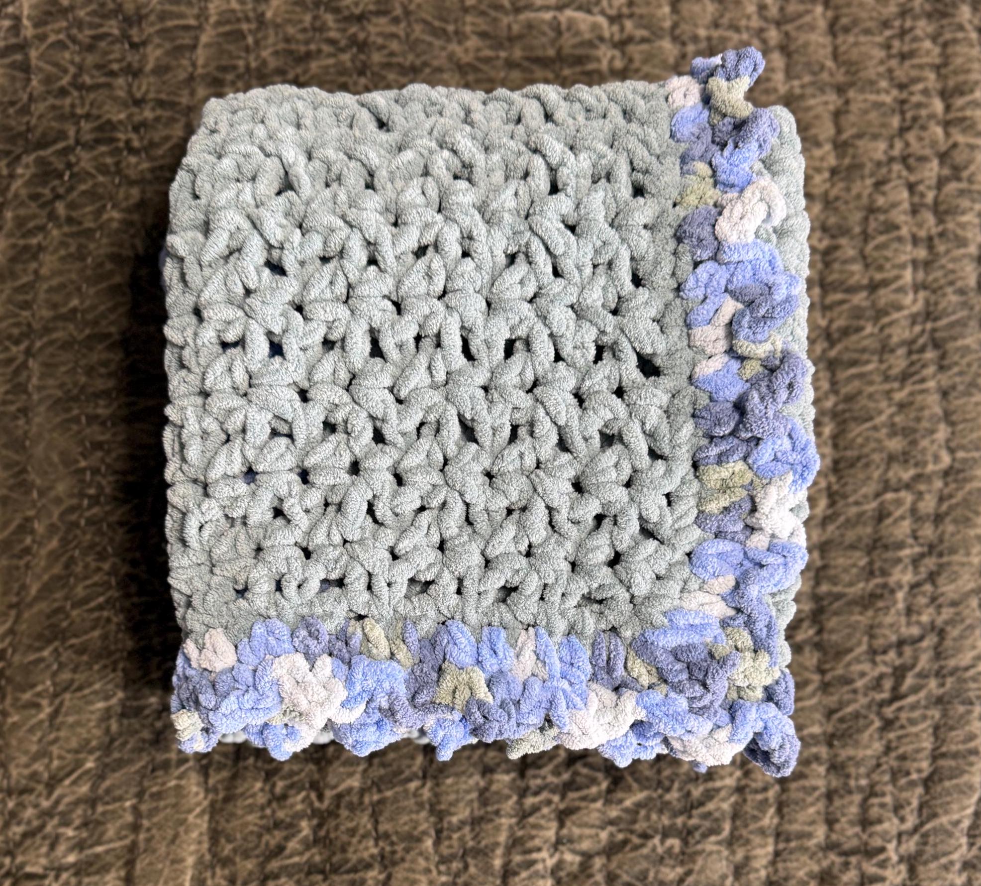 Crocheted Baby Blanket: Frosted Blue Chenille with Multicolor Border
