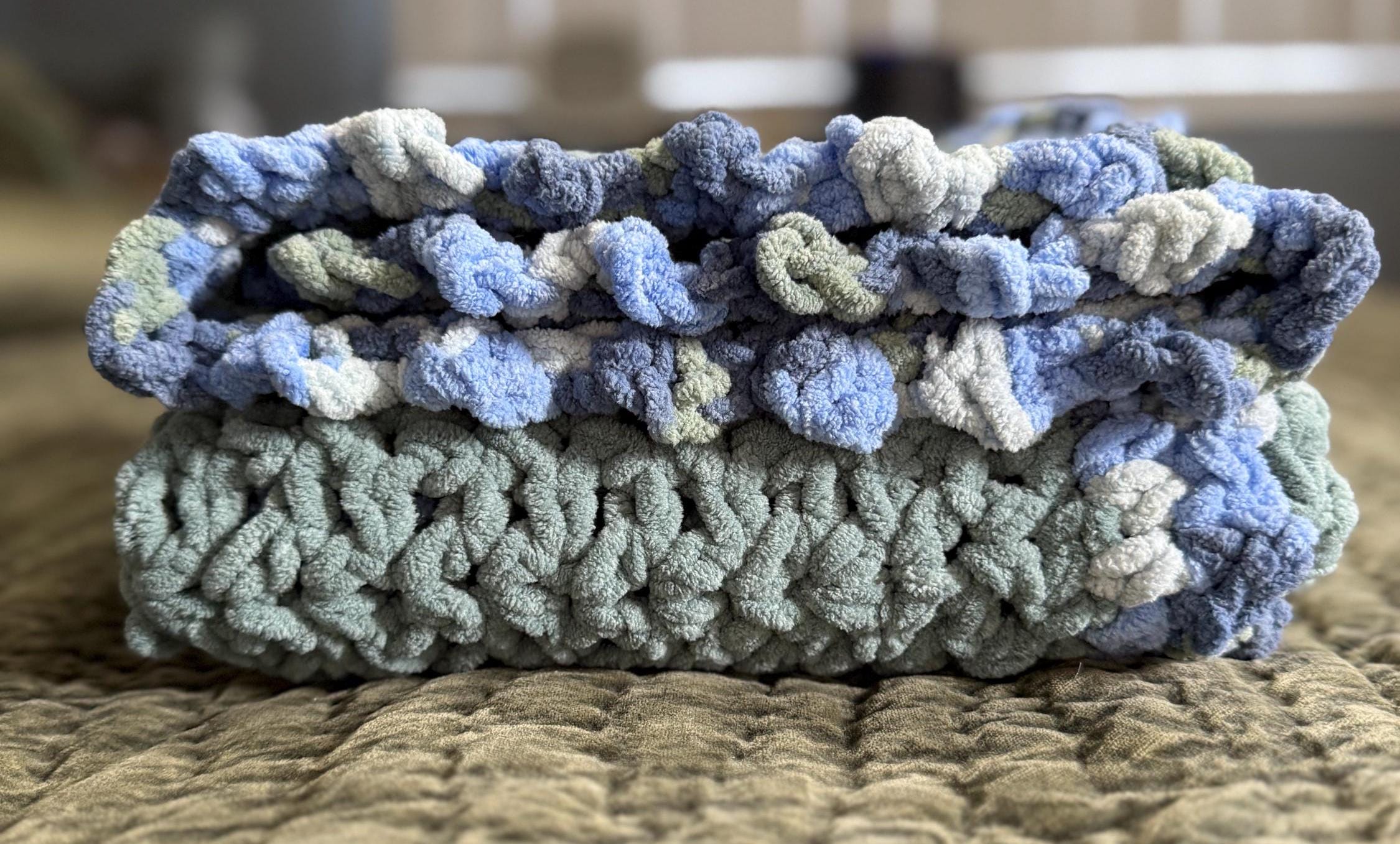 Crocheted Baby Blanket: Frosted Blue Chenille with Multicolor Border