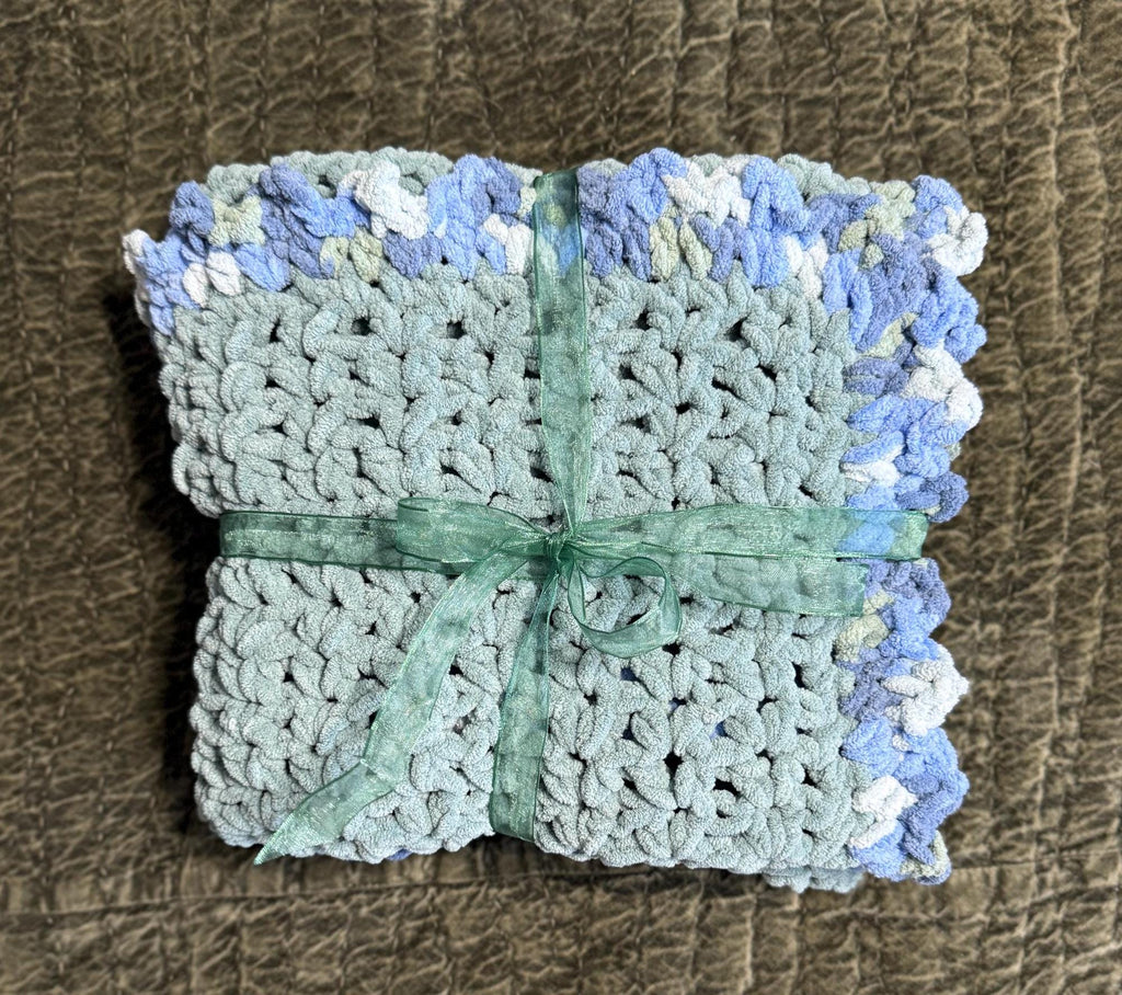 Crocheted Baby Blanket: Frosted Blue Chenille with Multicolor Border