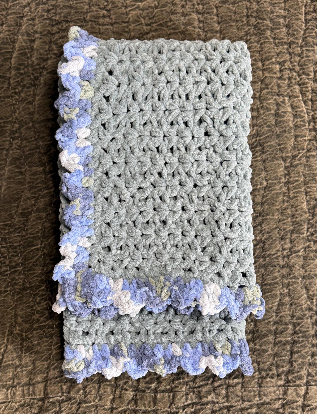 Crocheted Baby Blanket: Frosted Blue Chenille with Multicolor Border