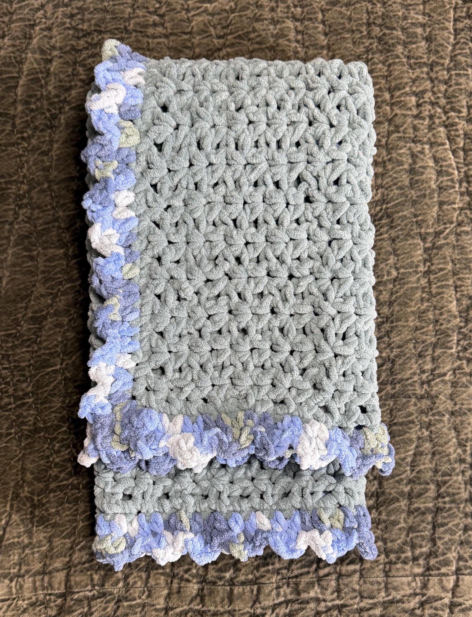 Crocheted Baby Blanket: Frosted Blue Chenille with Multicolor Border