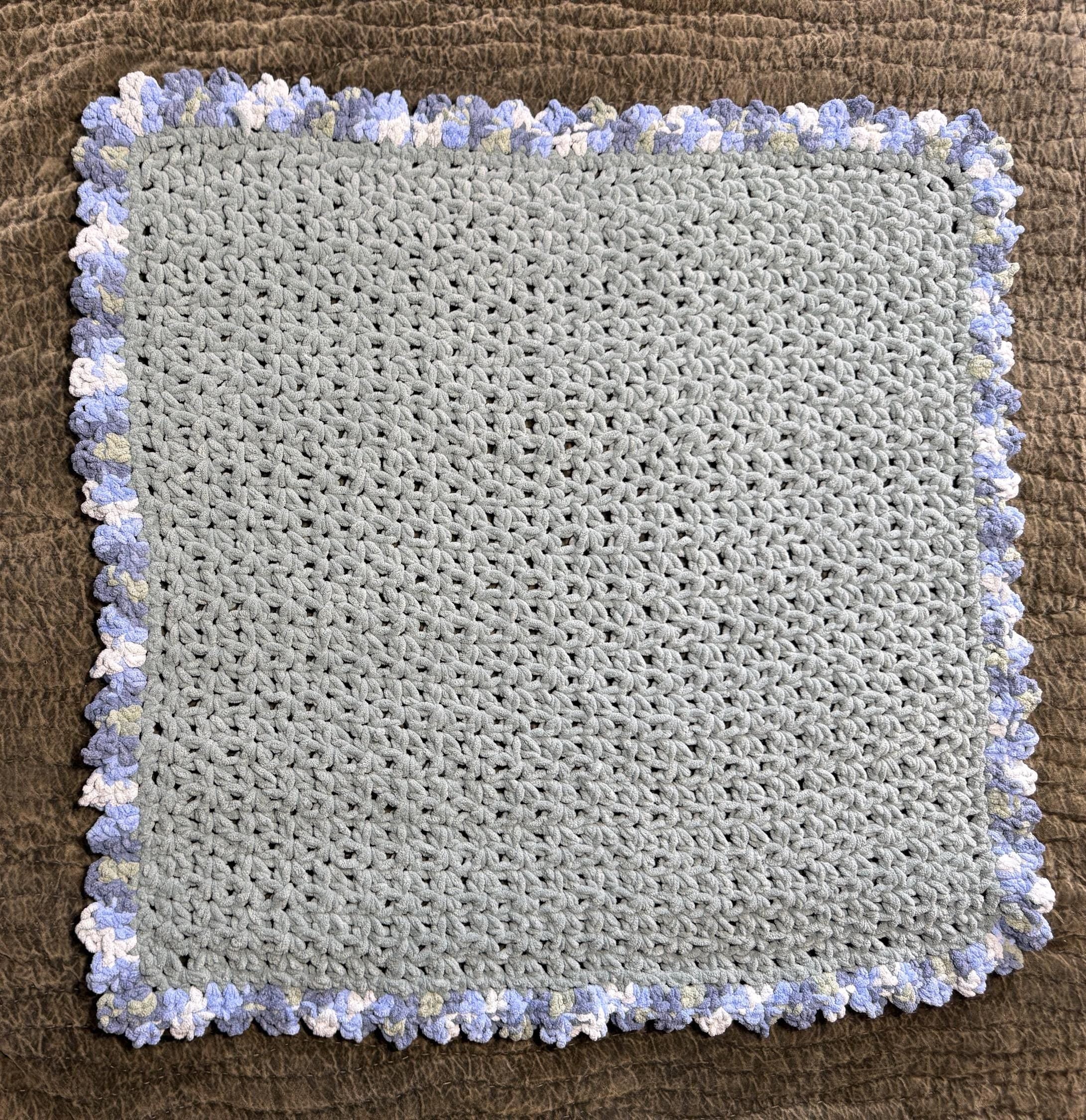 Crocheted Baby Blanket: Frosted Blue Chenille with Multicolor Border