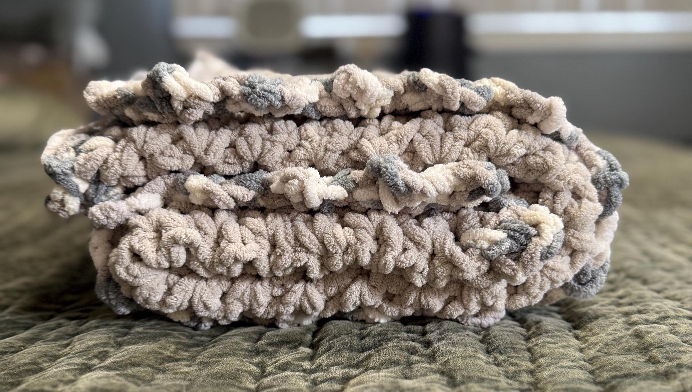 Crocheted Chenille Baby Blanket: Seagull Gray Sawtooth Edge