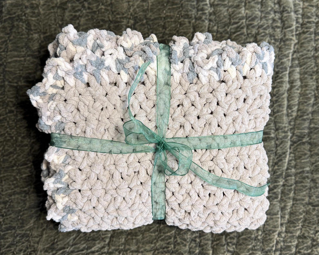 Crocheted Chenille Baby Blanket: Seagull Gray Sawtooth Edge
