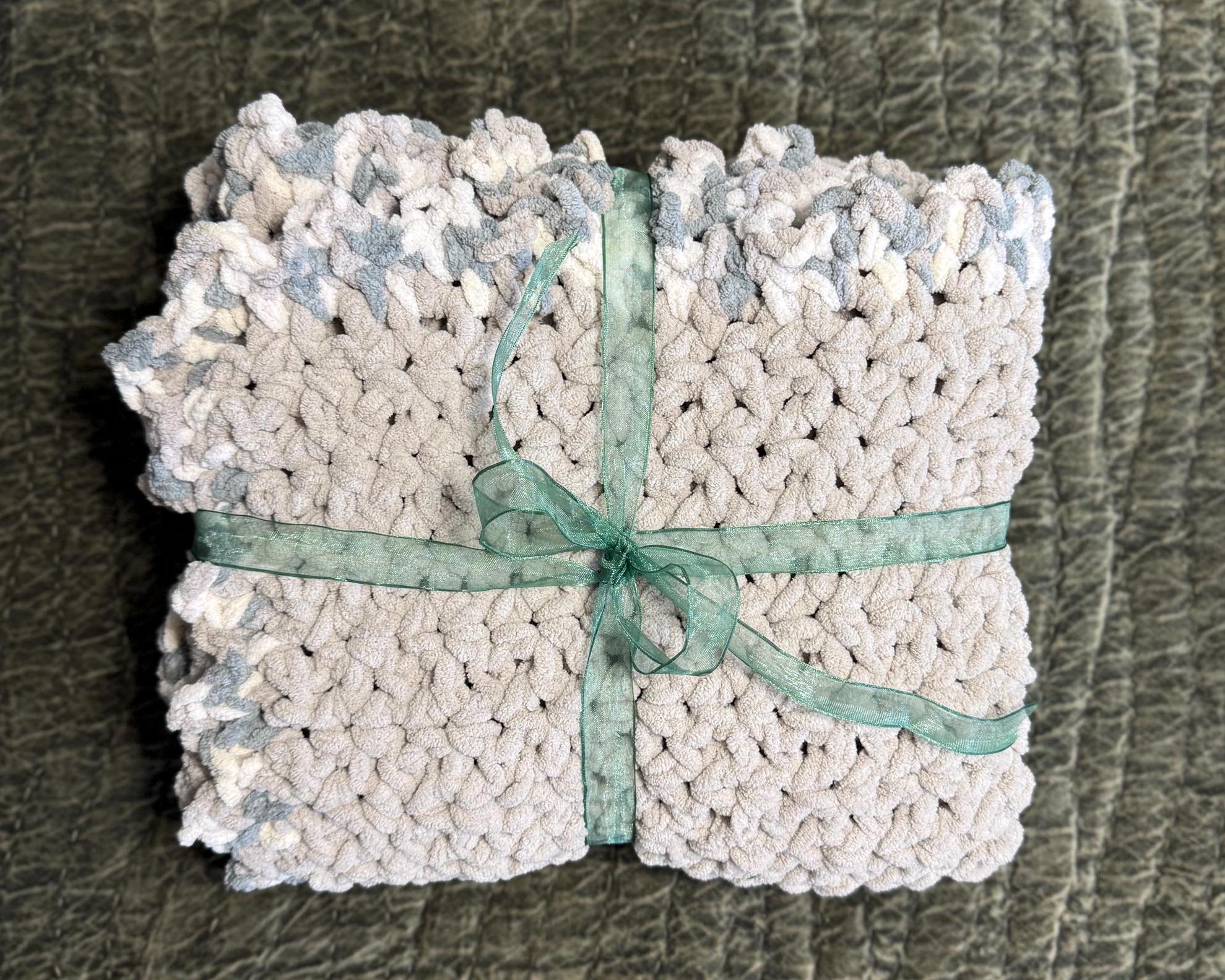Crocheted Chenille Baby Blanket: Seagull Gray Sawtooth Edge