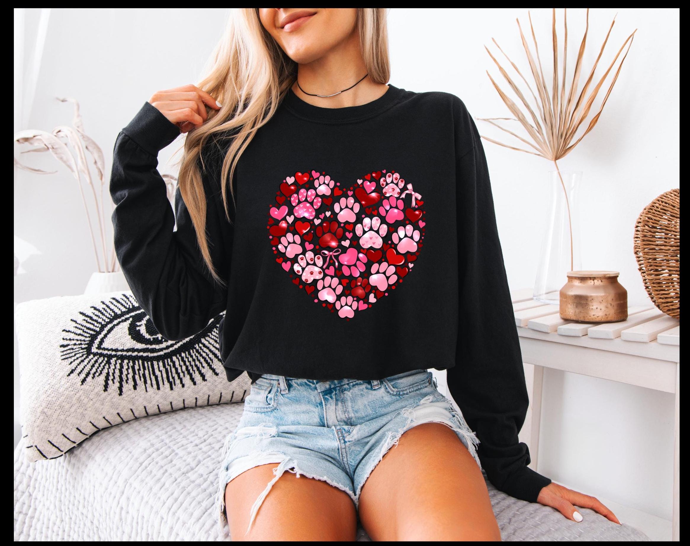 Valentine's Day paw print and hearts long sleeved Comfort Colors t-shirt