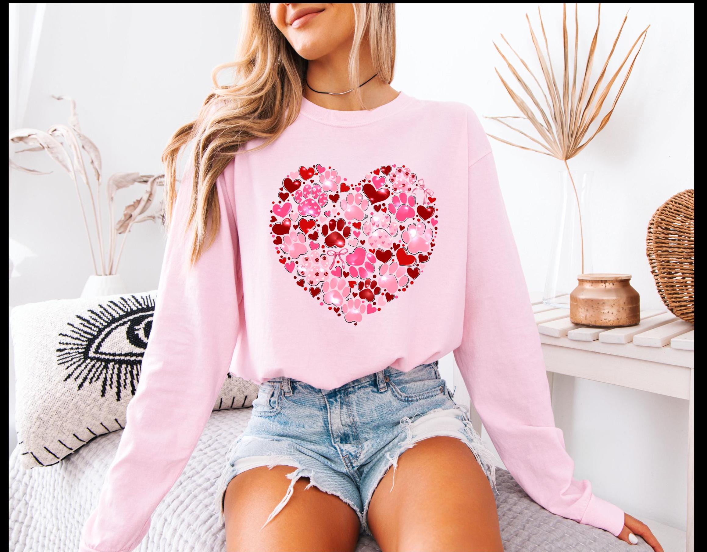 Valentine's Day paw print and hearts long sleeved Comfort Colors t-shirt
