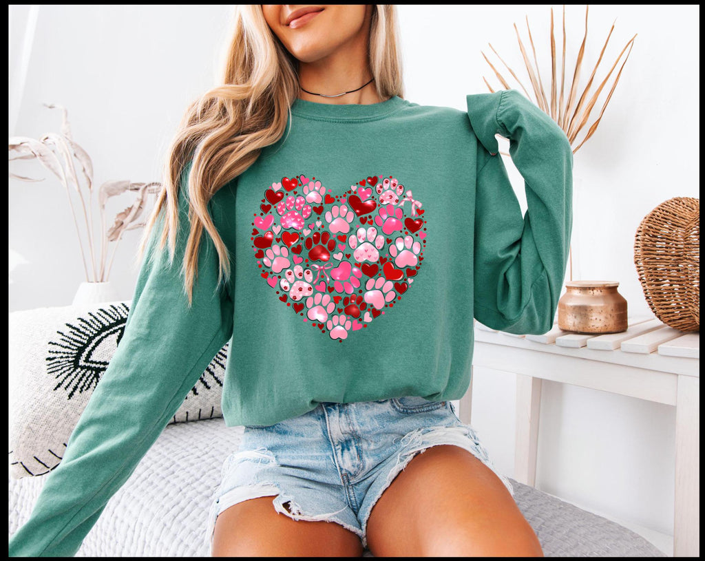 Valentine's Day paw print and hearts long sleeved Comfort Colors t-shirt