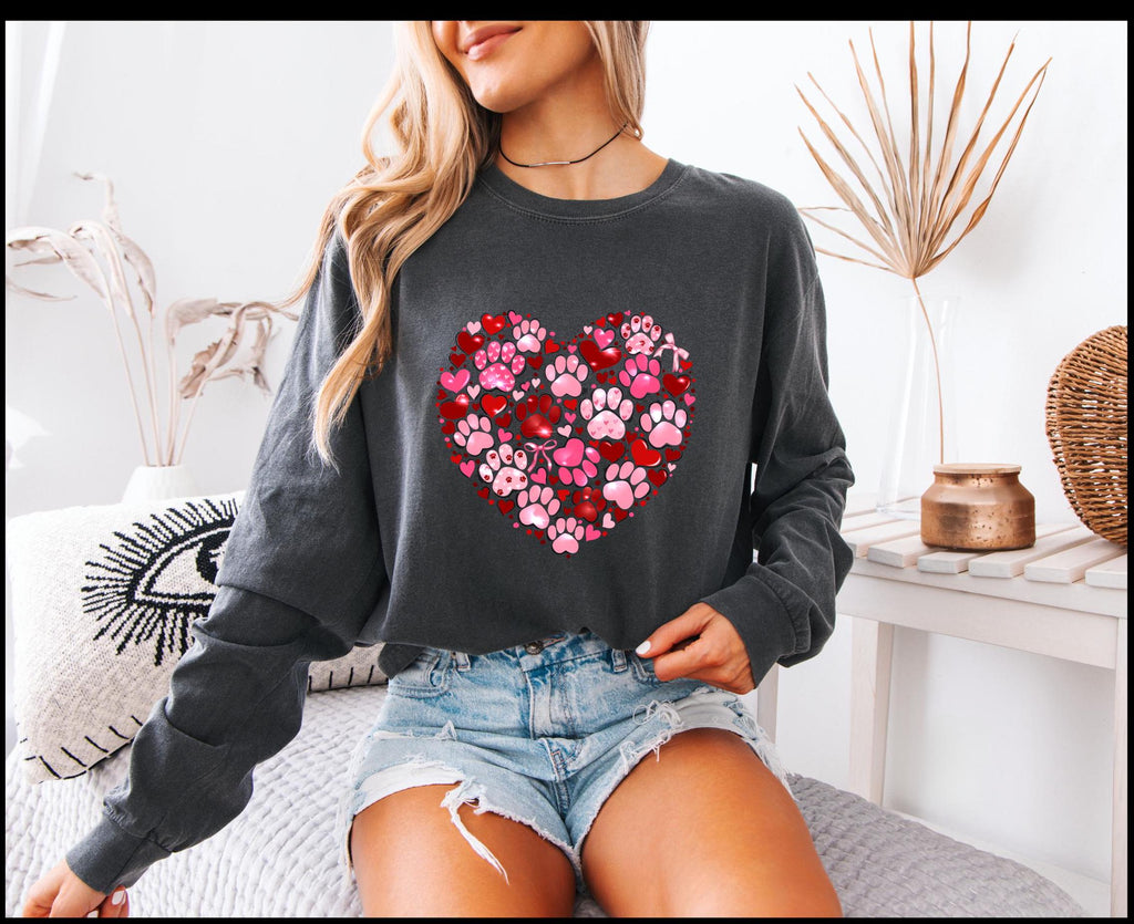 Valentine's Day paw print and hearts long sleeved Comfort Colors t-shirt