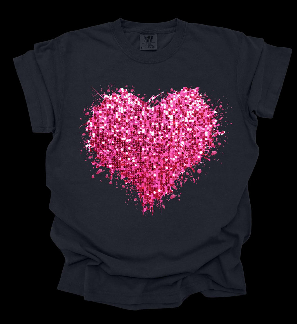 Valentine's Day faux sequin splatter heart short sleeve tshirt