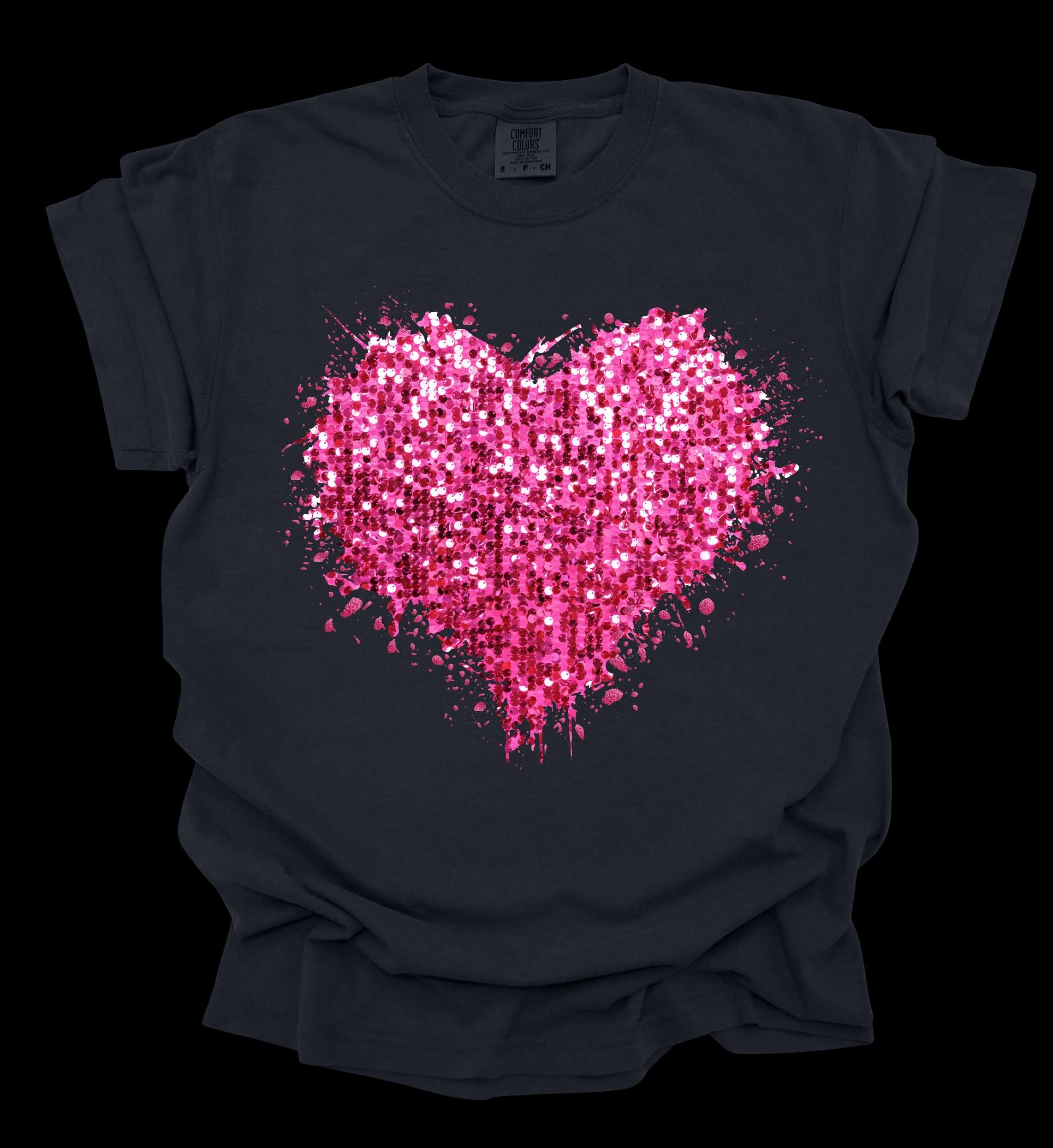 Valentine's Day faux sequin splatter heart short sleeve tshirt