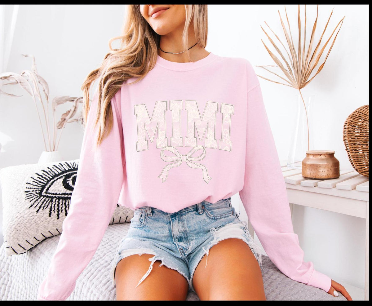 Lace Mimi with bow long sleeved Comfort Colors t-shirt
