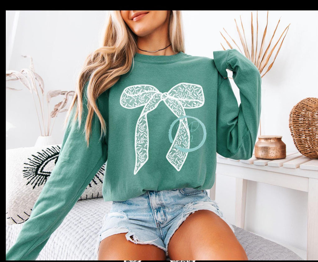 White lace coquette bow long sleeved Comfort Colors t-shirt