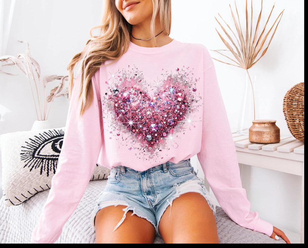Pink Valentine's Day Shirt: Glitter Heart Long Sleeve