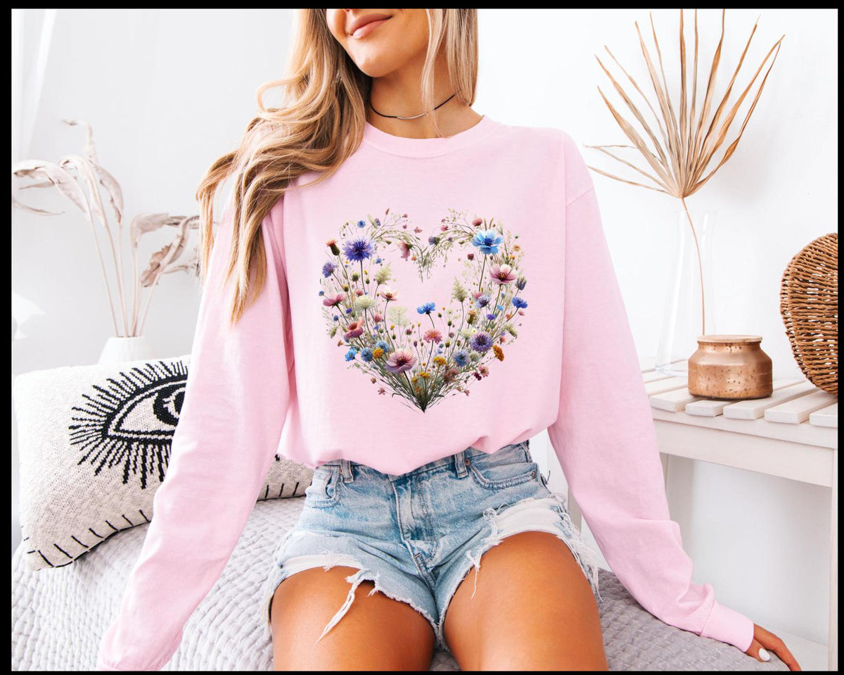 Boho vintage floral heart Comfort Colors long sleeve t-shirt