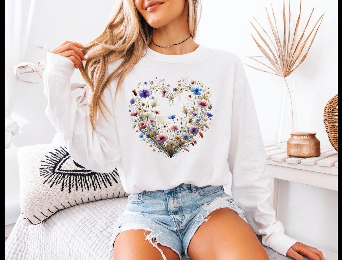 Boho vintage floral heart Comfort Colors long sleeve t-shirt