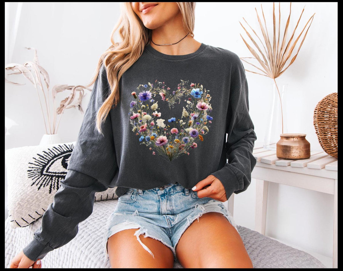 Boho vintage floral heart Comfort Colors long sleeve t-shirt