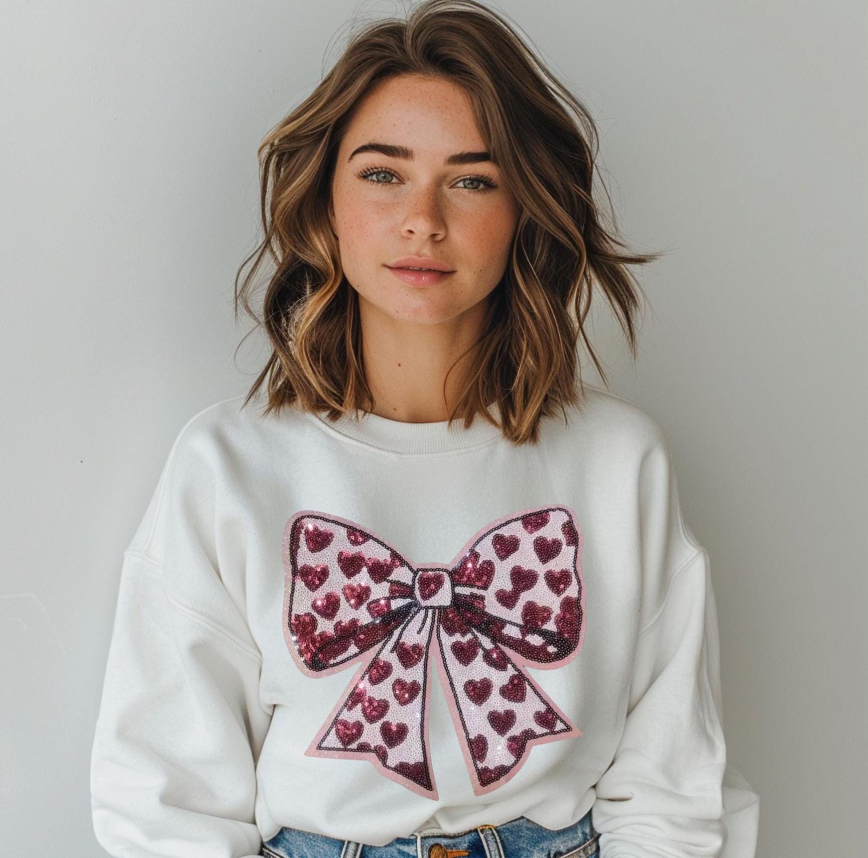 Pink Coquette Bow with Hearts Chenille Patch Sweatshirt