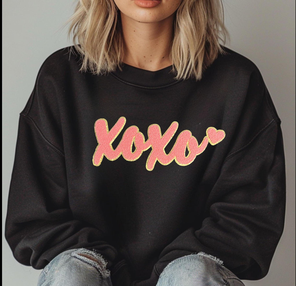 Valentine's Day light pink "xoxo" chenille patch sweatshirt