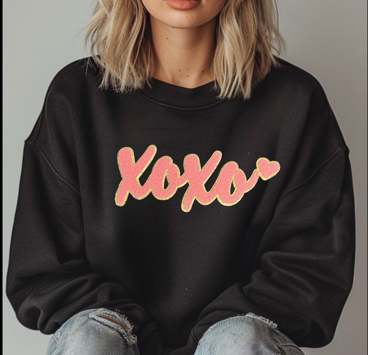 Valentine's Day light pink "xoxo" chenille patch sweatshirt