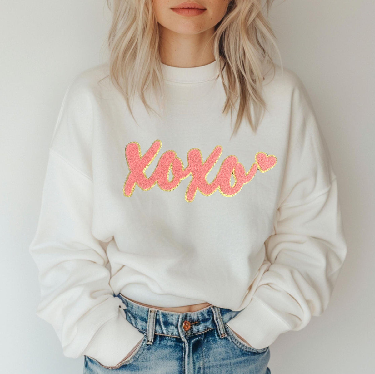 Valentine's Day light pink "xoxo" chenille patch sweatshirt