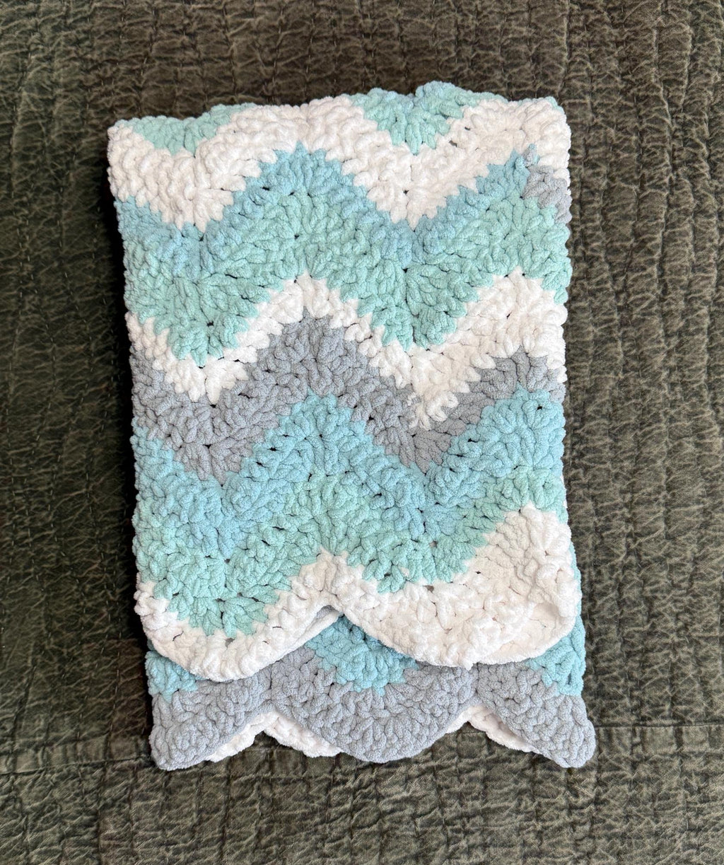 Crochet Chenille Baby Blanket: Gray, Aqua, and White Wave Pattern