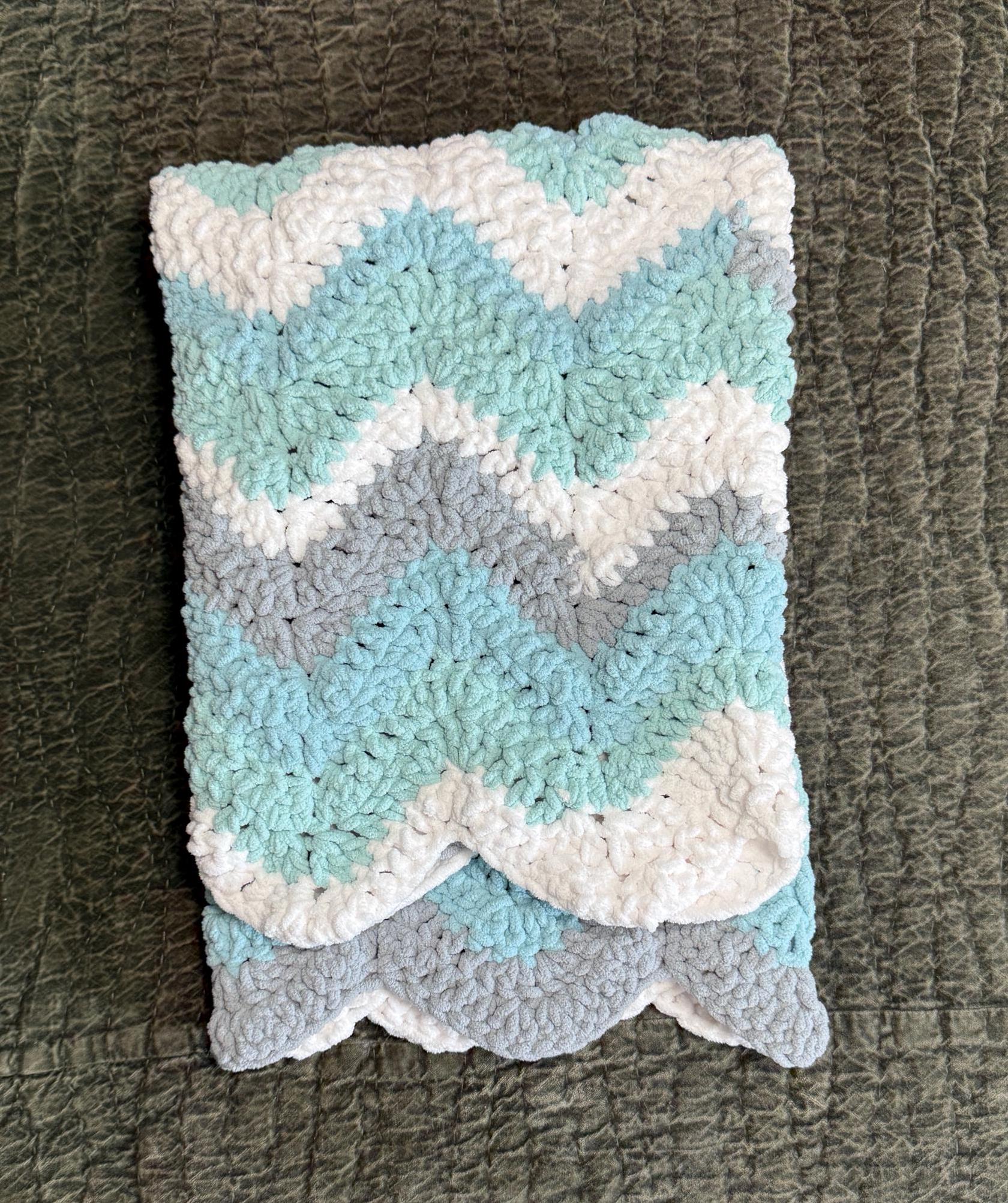 Crochet Chenille Baby Blanket: Gray, Aqua, and White Wave Pattern